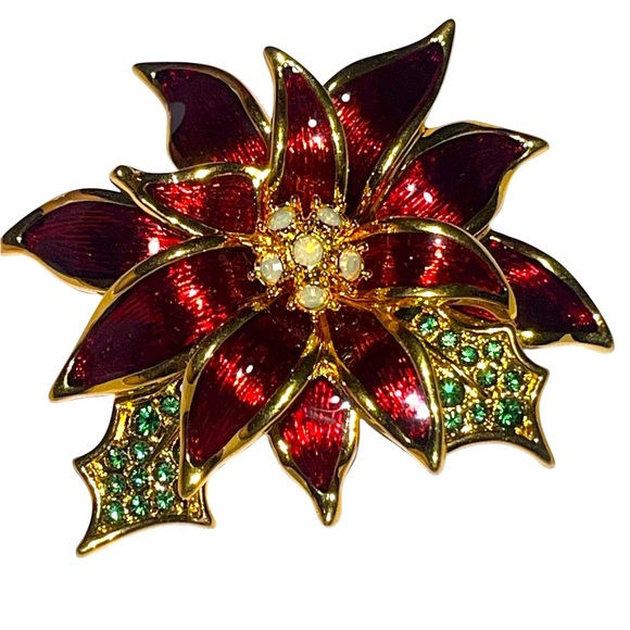 Nolan Miller Gold Tone Red Enamel Rhinestone Poinsettia Flower Brooch